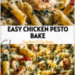 Baked feta and chicken pasta with spinach coated in creamy pesto sauce in a casserole dish